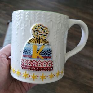 ANTHROPOLOGIE WINTER HAT MUG. LETTER "K" LARGE MUG. NWOT 10oz.